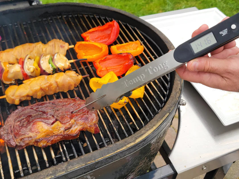 Tongs Plus Thermometer | FDA Grade Stainless Steel | Great for BBQ or Grilling | Meat Thermometer | Heavy Duty | Silicone Grip