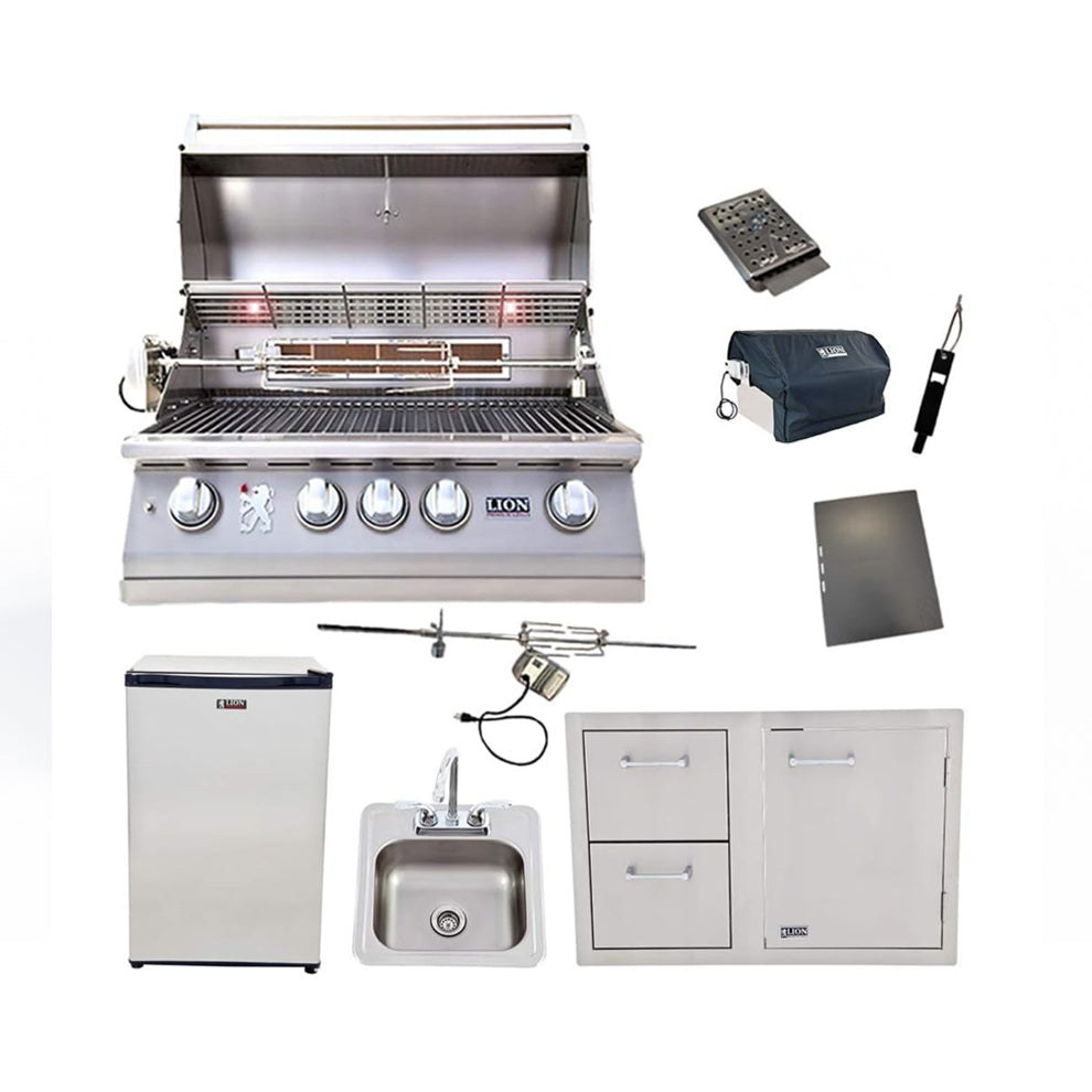 Lion Premium Grills Package 40-Inch Grill L90000 with Refrigerator and Door and Drawer Combo and Drop-In Sink with and 5 in 1 BBQ Tool Set - Package Deal