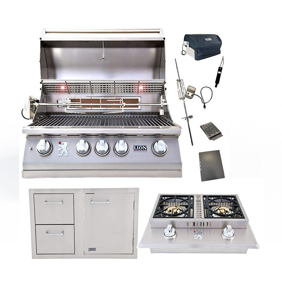 Lion Premium Grills Package 32-Inch Grill L75000 and Double Side Burner with Lion Door and Drawer Combination Unit - Package Deal