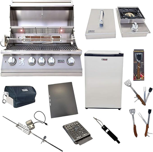 Lion Premium Grills  Package Includes 32-Inch Grill L75000 with Lion Single Side Burner and Eco Friendly Lion Refrigerator with 5 in 1 BBQ Tool Set - Package Deal