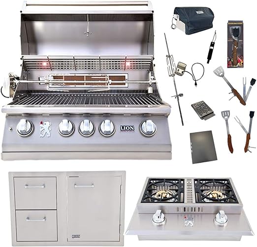 Lion Premium Grills Package 32-Inch Grill L75000 and Double Side Burner with Lion Door and Drawer Combination Unit with 5 in 1 BBQ Tool Set - Package Deal