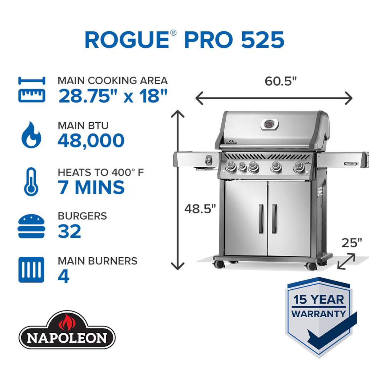 Napoleon Rogue PRO 525 4-Burner Propane Grill w/ Side Burner Rp525sibpss-2