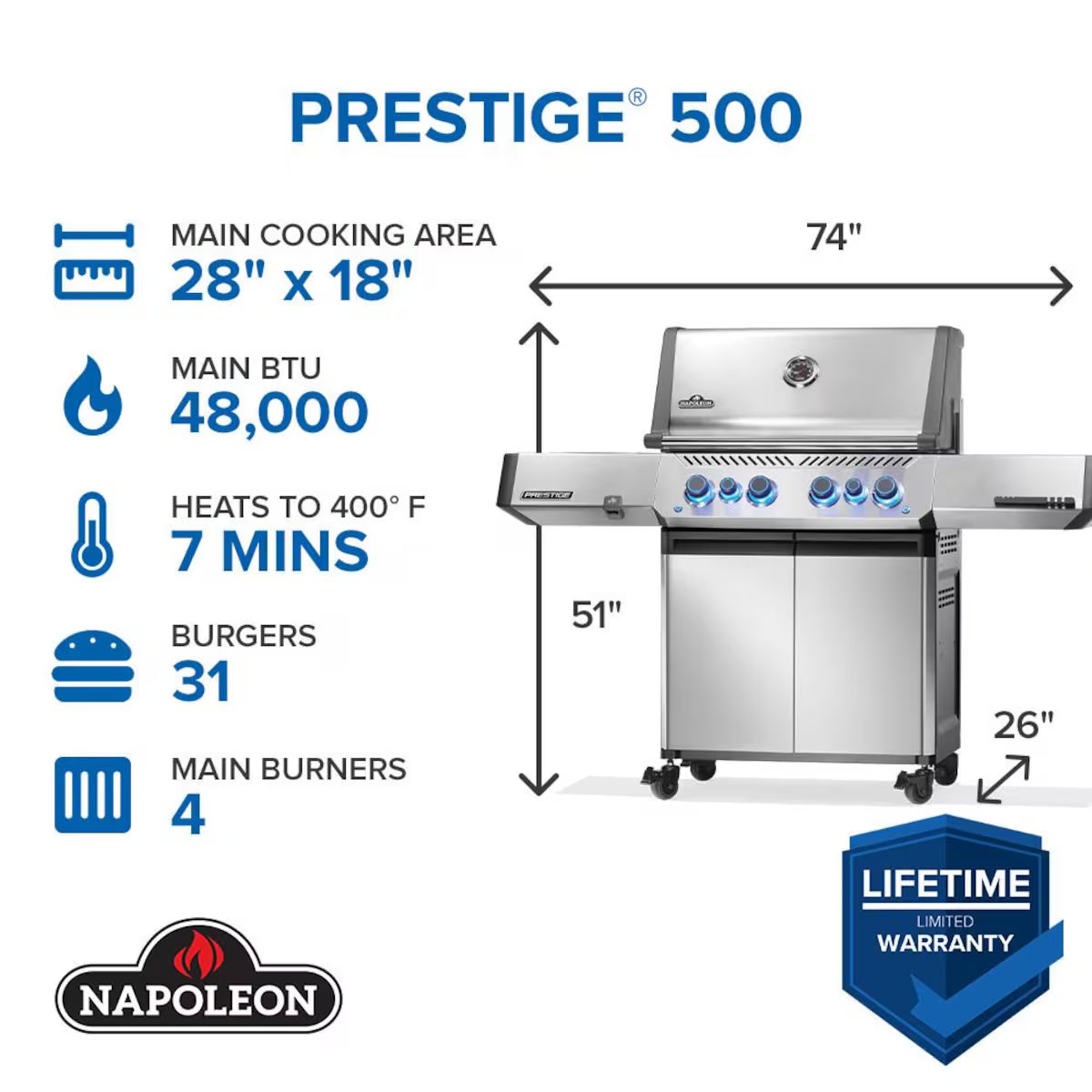 Napoleon Prestige 500 4-Burner Propane Grill w/ Rotisserie & Side Burner - P500VRSIBPSS