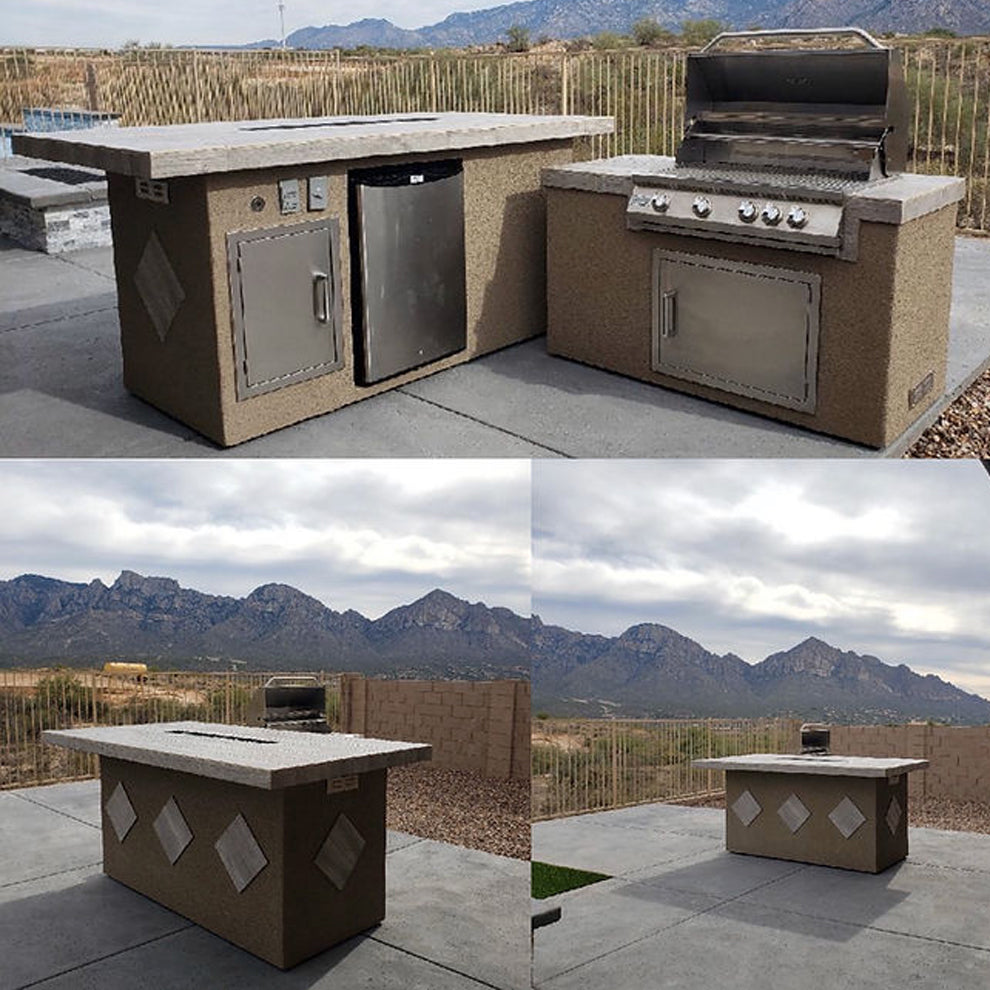 Kokomo Island - Baja/Fire L-Shaped BBQ with Fire-pit, 4 Burner BBQ, Outdoor Refrigerator