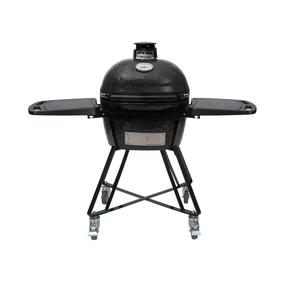 Primo All-In-One Oval Junior 200 Ceramic Kamado Grill With Cradle, Side Shelves And Stainless Steel Grates - PGCJRC