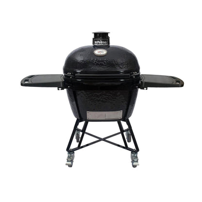 Primo All-In-One Oval XL 400 Ceramic Kamado Grill With Cradle, Side Shelves, And Stainless Steel Grates - PGCXLC