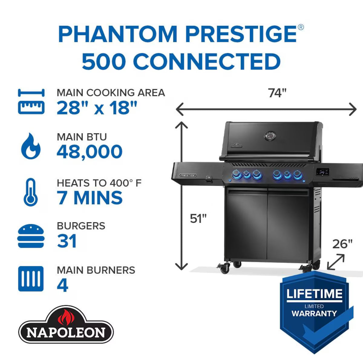 Napoleon - Prestige Phantom 500 Connected 4-Burner Propane Grill w/ Rotisserie, WiFi & Bluetooth - P500VXRSIBPK-PHM
