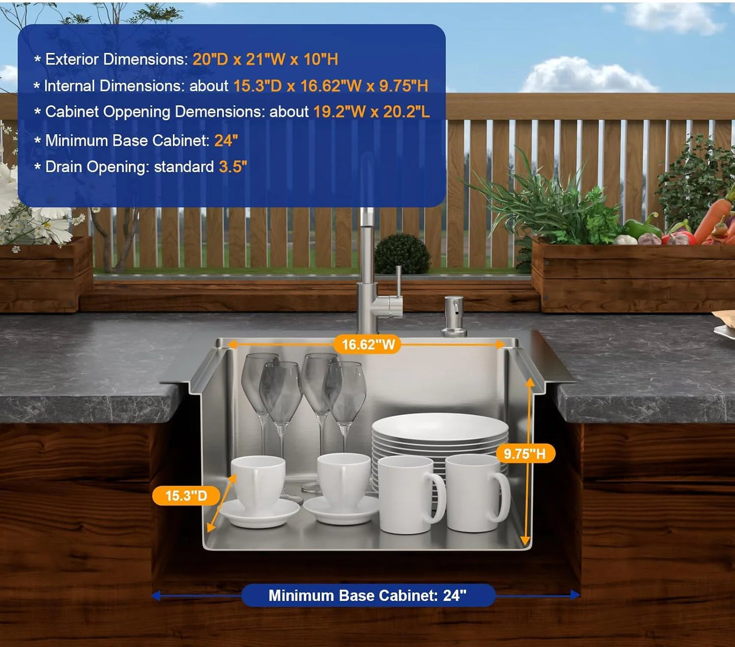 21" Outdoor Kitchen Sink Drop In Bar Sink Workstation With Faucet And Dust Lid Single Bowl Utility Small Sinks 304 Stainless Steel