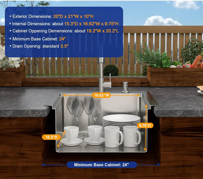 21" Outdoor Kitchen Sink Drop In Bar Sink Workstation With Faucet And Dust Lid Single Bowl Utility Small Sinks 304 Stainless Steel