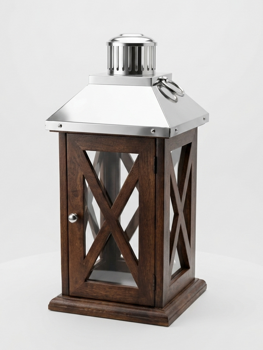 Vintage-Style Wooden and Metal Decorative Lantern with X-Brace Design
